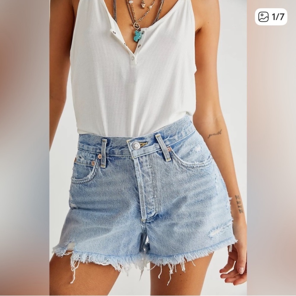 Agolde Parker Light Blue Distressed Mid-Rise Jean Shorts